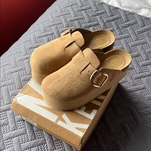 Suede Platform Clog Mule in Tan with Gold Buckle